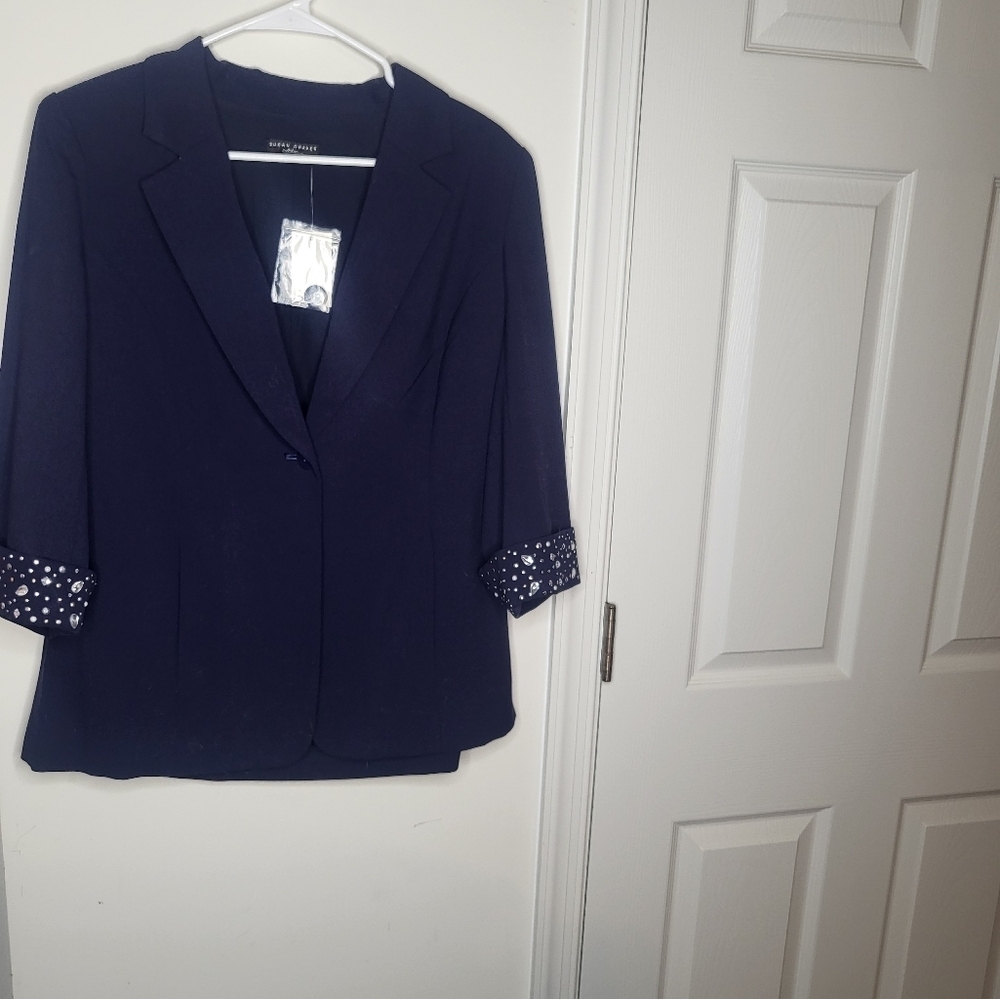 Susan Graver Navy Blazer with jeweled Cuffs